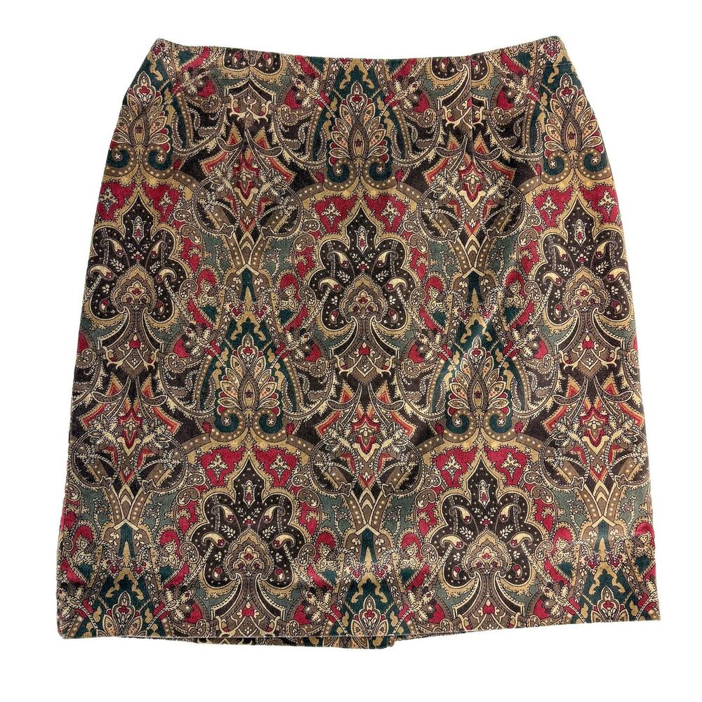 Talbots VTG 90s Velvet Pencil Skirt Women 8P Brown Paisley Academia Preppy USA
